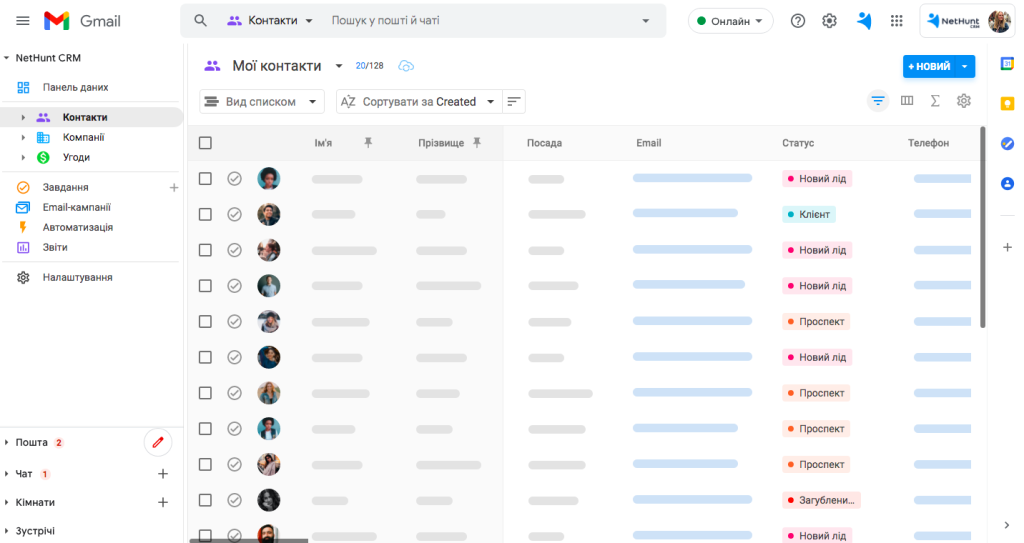 Список контактів CRM NetHunt